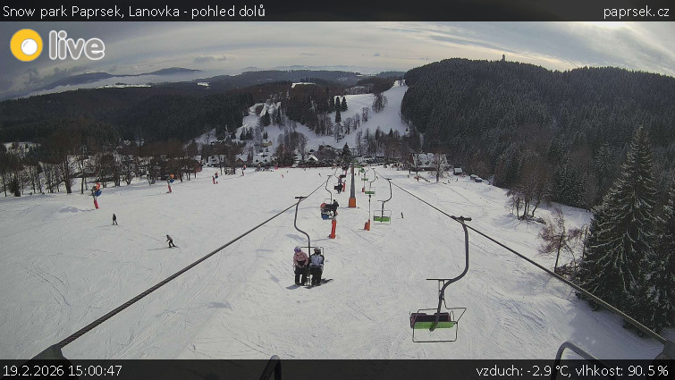Snow park Paprsek - Lanovka - pohled dolů - 19.2.2026 v 15:00