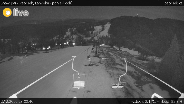 Snow park Paprsek - Lanovka - pohled dolů - 27.2.2026 v 23:00