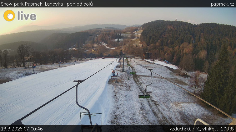 Snow park Paprsek - Lanovka - pohled dolů - 18.3.2026 v 07:00