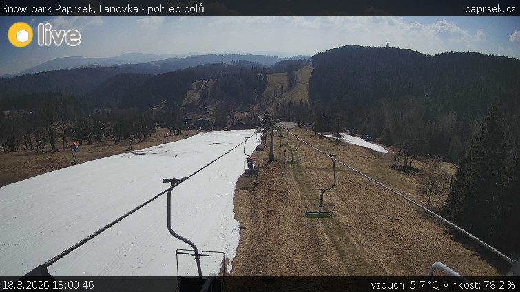 Snow park Paprsek - Lanovka - pohled dolů - 18.3.2026 v 13:00