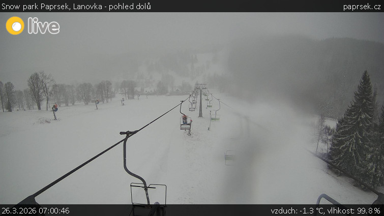 Snow park Paprsek - Lanovka - pohled dolů - 26.3.2026 v 07:00