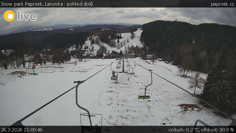 Snow park Paprsek - Lanovka - pohled dolů - 26.3.2026 v 15:00