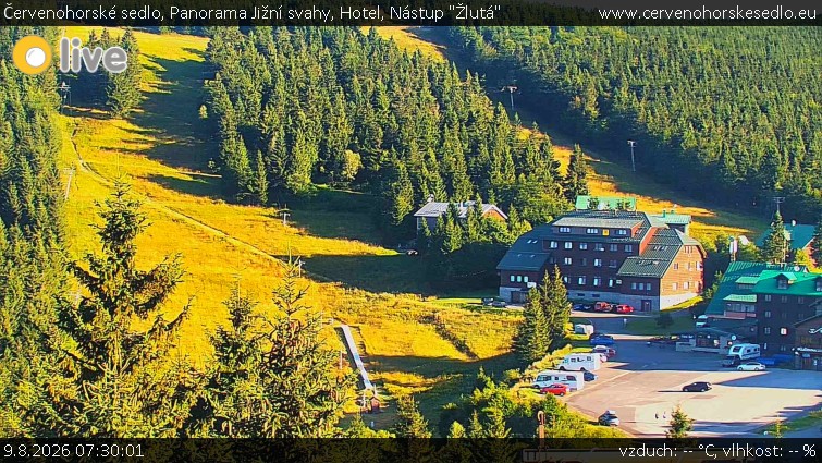 Przełęcz Czerwonohorska - Panorama południowych stoków, hotel, wejście „Żółty” - 9.8.2026 v 07:30